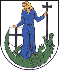 Stadtwappen Stadtlengsfeld - Eine Frau in einem blauen Kleid hält ein Kreuz und einen Schild mit Kreuz über einem grünen Drachen auf einem weißen schildförmigen Hintergrund.