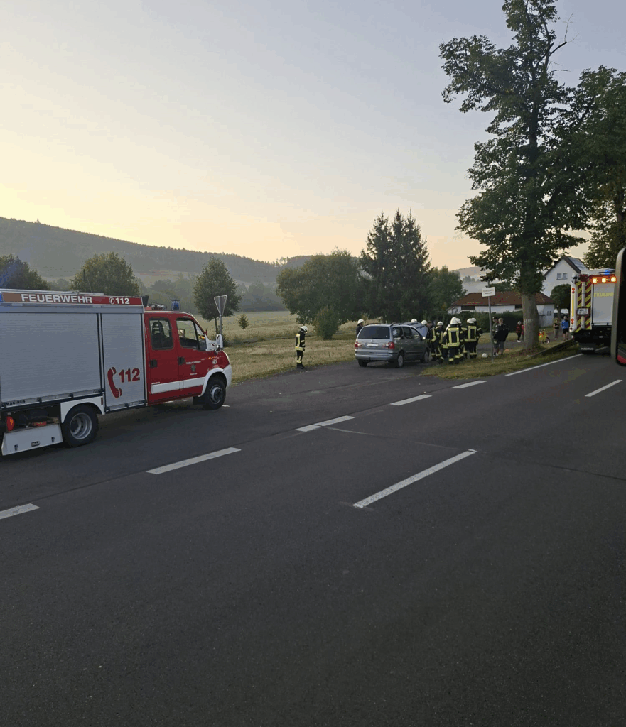 Ein Feuerwehrauto und Rettungskräfte kümmern sich in der Morgendämmerung um einen Autounfall am Rande einer ländlichen Straße. Mehrere Feuerwehrleute stehen in der Nähe eines beschädigten Autos und eines Krankenwagens, umgeben von Bäumen und grasbewachsenen Feldern.