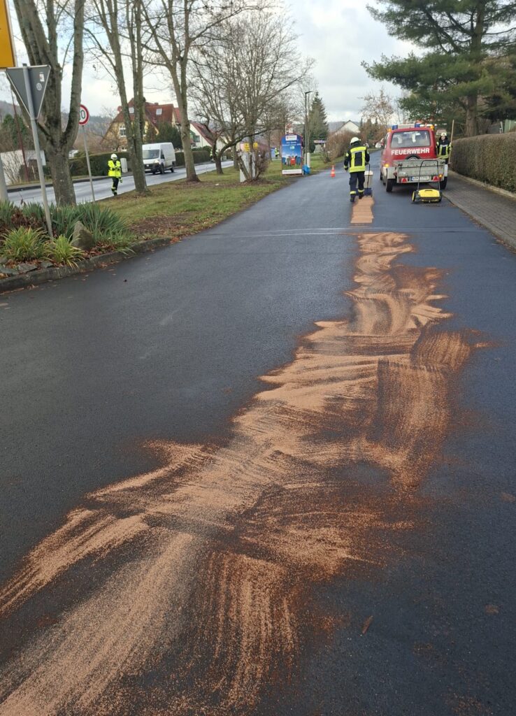 Mehrere Feuerwehrleute sind dabei, eine Straße zu säubern, indem sie saugfähiges Material ausbreiten, um eine lange Ölspur auf der Straße zu bedecken, wobei im Hintergrund ein Feuerwehrauto und Verkehrsschilder zu sehen sind. Bäume und Häuser säumen die Straßenränder.