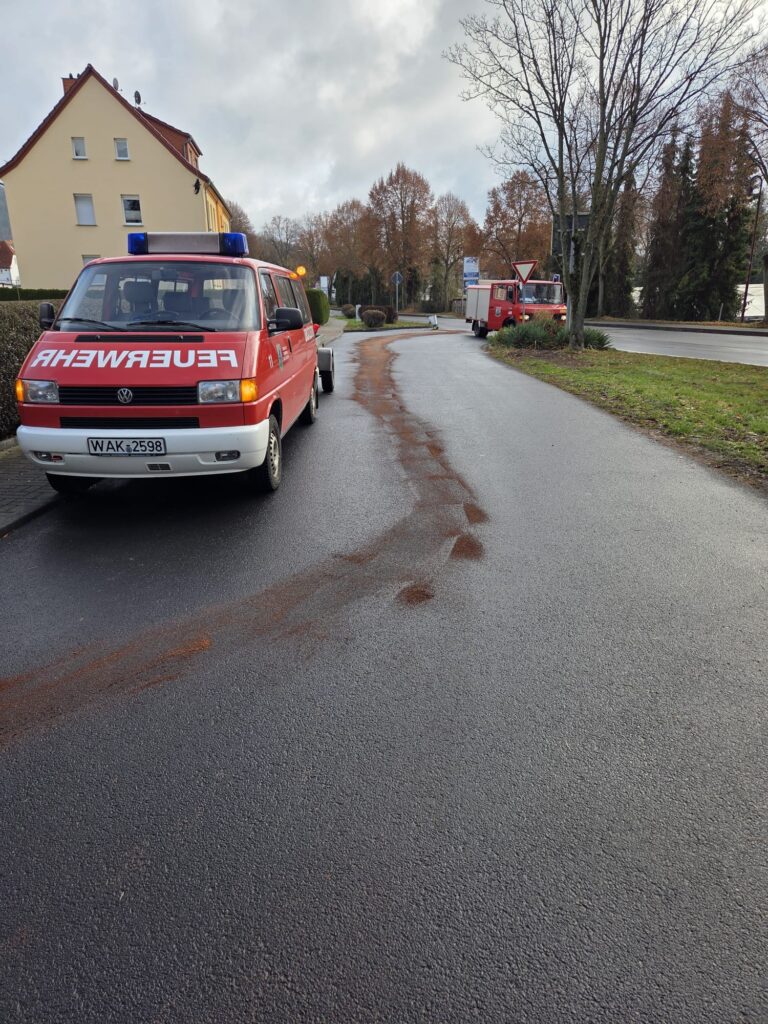 Ein roter Feuerwehrwagen und ein Feuerwehrauto stehen am Rande einer nassen Straße in der Nähe einiger Häuser und Bäume. Das Wort FEUERWEHR ist auf der Heckscheibe des Wagens zu sehen. Es ist bewölkt und die Straße ist weitgehend leer.