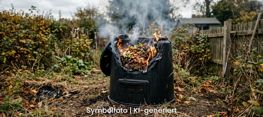 KI-generiert - Eine schwarze Komposttonne im Freien steht in Flammen. Rauch und sichtbare Flammen verzehren Lebensmittel und Gartenabfälle im Inneren. Die Umgebung ist mit Pflanzen und herabgefallenen Blättern überwuchert. Der Text am unteren Rand lautet: Symbolfoto | KI-generiert.