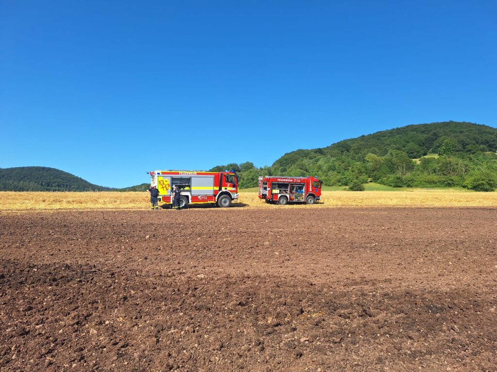 Auf einem Feld stehen zwei rote Feuerwehrautos, daneben stehen Feuerwehrleute. Im Hintergrund sind unter einem strahlend blauen Himmel grüne Hügel und Bäume zu sehen.