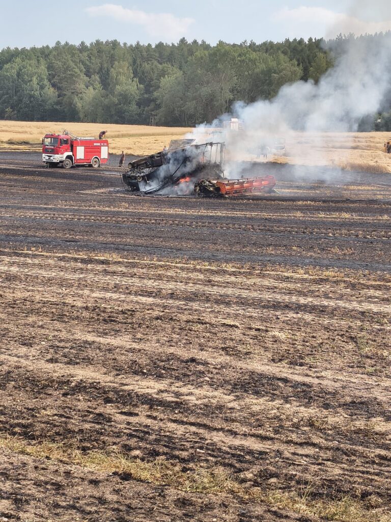 Ein Feuerwehrauto steht in der Nähe eines ausgebrannten Fahrzeugs mitten auf einem Feld. Rauch steigt aus den Überresten auf, um das Wrack herum ist der Boden versengt, und im Hintergrund sind Bäume zu sehen.