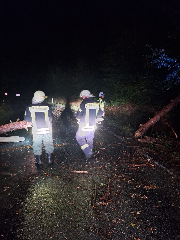 Drei Rettungskräfte in reflektierender Schutzkleidung räumen nachts, im Schein ihrer Taschenlampen, einen umgestürzten Baum von einer dunklen, mit Trümmern übersäten Straße.