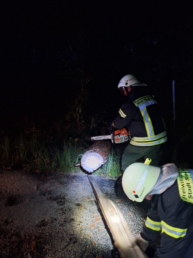 Zwei Feuerwehrleute in Helmen und Schutzkleidung sägten nachts mit einer Kettensäge einen umgestürzten Baum, der eine Straße versperrte, und beleuchteten die Stelle dabei mit einer Taschenlampe.