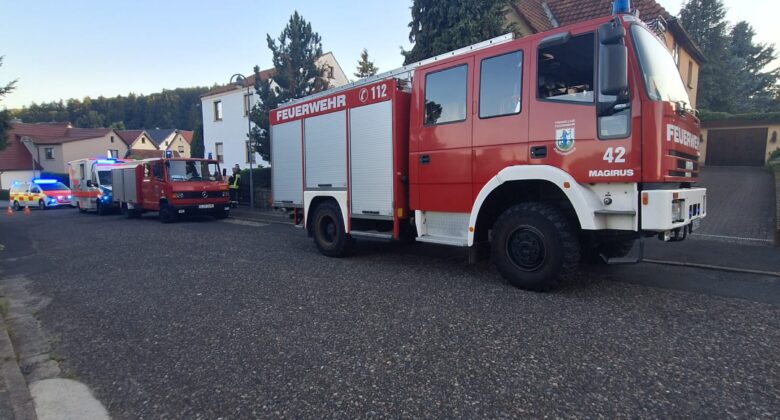 Ein rotes Feuerwehrauto mit der Aufschrift „Feuerwehr“ und ein weiteres Einsatzfahrzeug stehen in einer Wohnstraße, im Hintergrund sind Häuser und Bäume zu sehen. In der Ferne blinken Blaulichter.