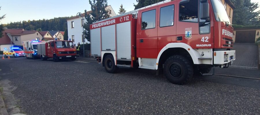 Ein rotes Feuerwehrauto mit der Aufschrift „Feuerwehr“ und ein weiteres Einsatzfahrzeug stehen in einer Wohnstraße, im Hintergrund sind Häuser und Bäume zu sehen. In der Ferne blinken Blaulichter.